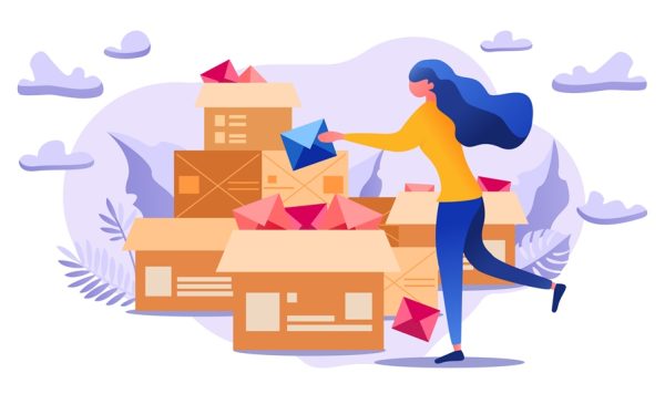 The woman holds an important message and trying to send with post company’s help. Allegorical associative vector illustration isolated on white background. For social media, app, banner.