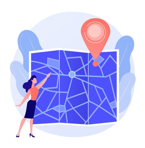 Journey route planning. City travel, urban tourism, cartography idea. Girl navigating with paper map cartoon character. Old fashioned orientation tool. Vector isolated concept metaphor illustration