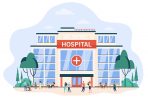 People walking and sitting at hospital building. City clinic glass exterior. Flat vector illustration for medical help, emergency, architecture, healthcare concept